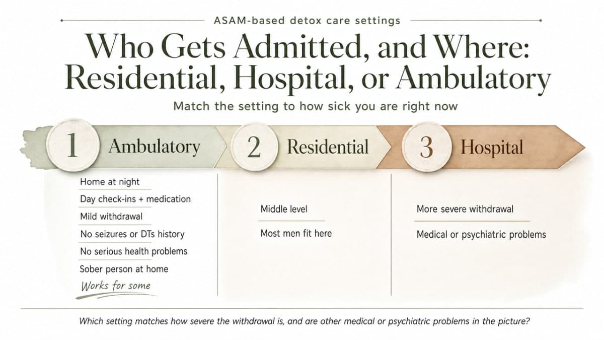 Comparison infographic clarifying the three ASAM-based levels of detox care described in the section, helping readers self-triage before calling