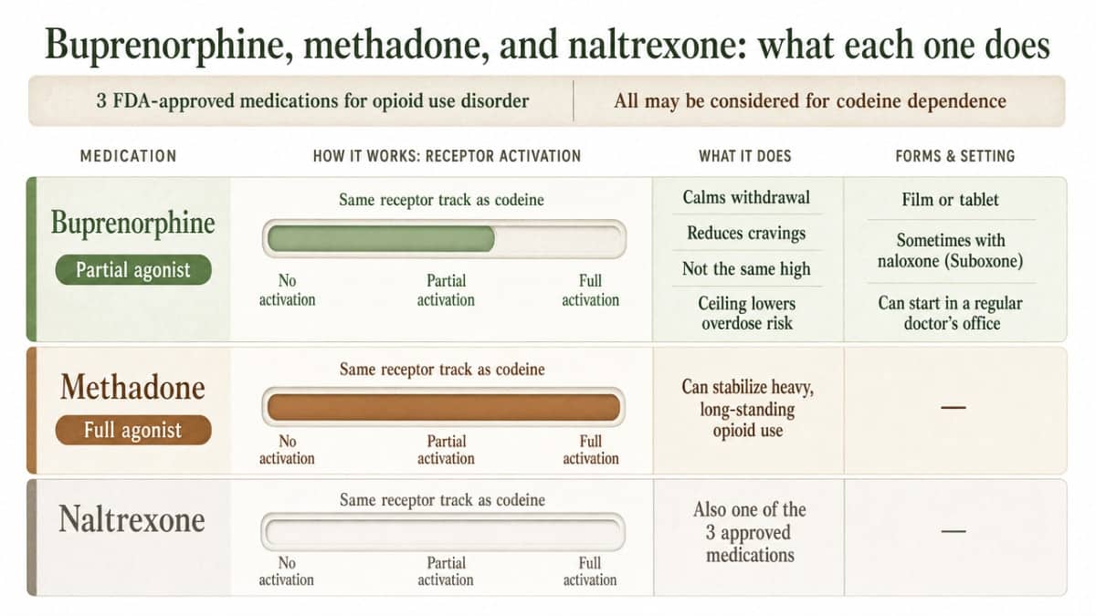 Compare the three FDA-approved OUD medications discussed in this section, aligning with the article's explanation of how each works and its setting requirements
