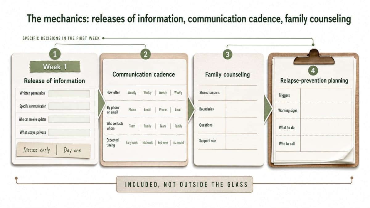 Visualize the concrete family-involvement steps the section prescribes: release of information, communication cadence, family counseling, and relapse-prevention planning