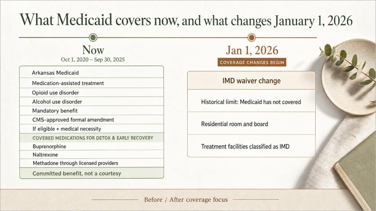 Illustrate the timeline and comparison of what Arkansas Medicaid covers before and after the January 1, 2026 IMD waiver change referenced in this section