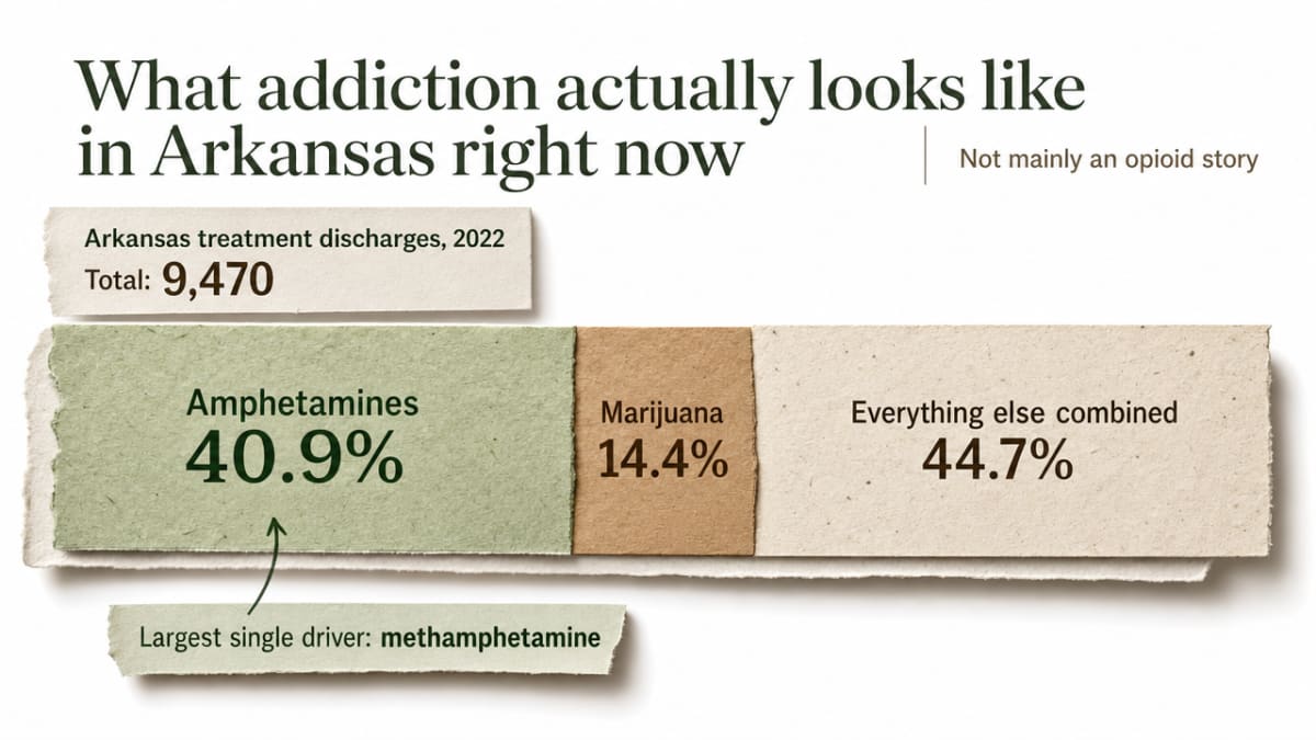 Show the actual substance mix driving Arkansas treatment discharges, correcting the assumption that opioids dominate. Directly supports the section's argument that methamphetamine is the largest single driver