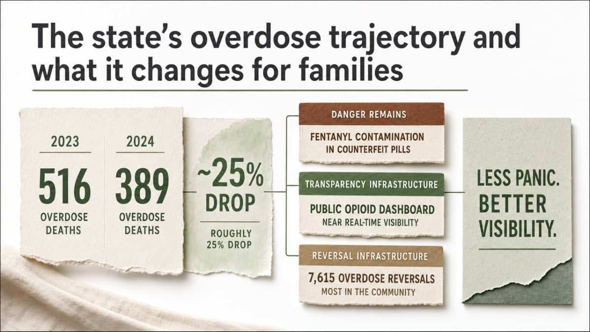 Visualize the year-over-year drop in Arkansas overdose deaths cited in the section, reinforcing the narrative that families are no longer choosing in panic