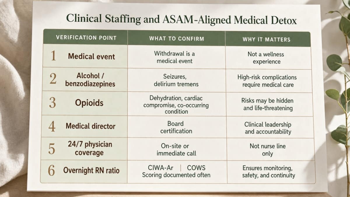 Visualize the six-row verification matrix the article presents as a working audit sheet for evaluating candidate detox facilities, directly mirroring the table in the section