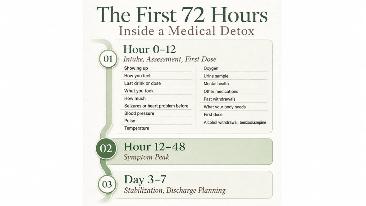 Visualize the three time-based phases of medical detox described in the section subheadings (Hour 0-12 intake and first dose, Hour 12-48 symptom peak, Day 3-7 stabilization and discharge planning)