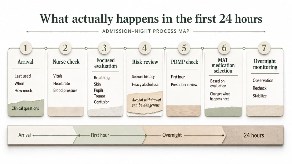 Visualize the cited first-24-hour workflow (intake and vitals, PDMP check, MAT medication selection, overnight monitoring) described across the three subsections, giving readers a clear process map of the admission night