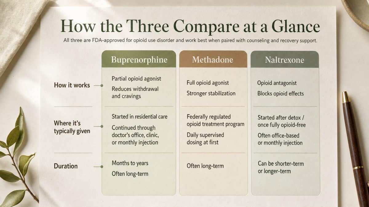 Turn the medication comparison table into a scannable side-by-side process/comparison infographic that mirrors the article's own comparison of buprenorphine, methadone, and naltrexone