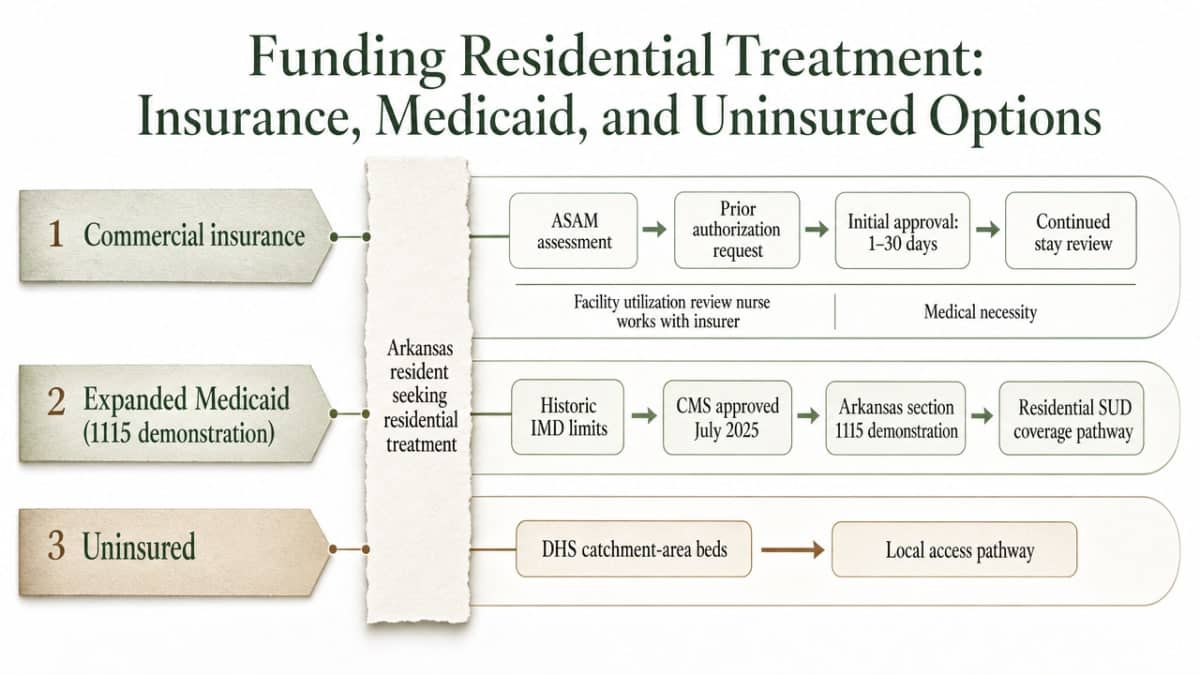 Compare the three cited funding pathways for Arkansas residents seeking residential treatment: commercial insurance, expanded Medicaid under the 2025 1115 demonstration, and DHS catchment-area beds for uninsured