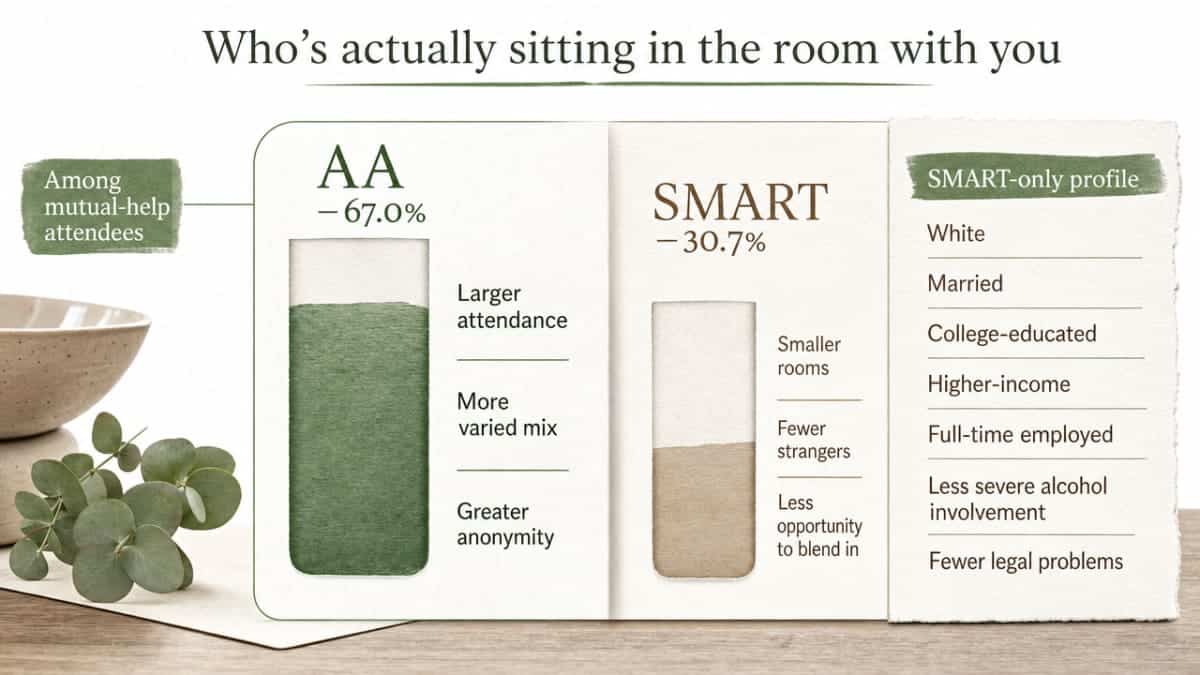 Support the specific statistic cited in this section about the AA vs SMART attendance gap among mutual-help participants (67.0% vs 30.7%)