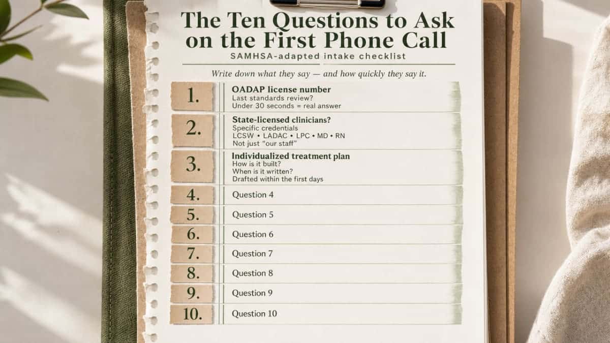 Visualize the ten SAMHSA-adapted screening questions as a structured checklist families can reference during intake calls