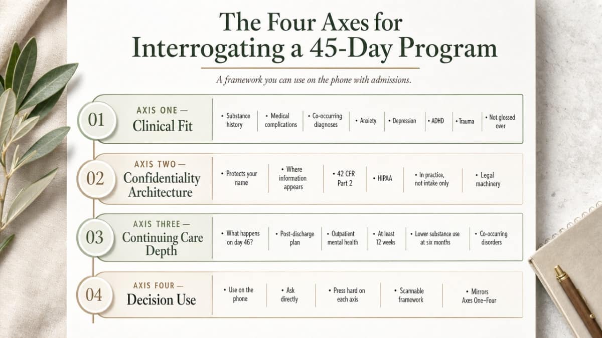 Visualizes the four-axis evaluation framework introduced in this section, giving readers a scannable decision framework that mirrors the article's structure for Axes One through Four