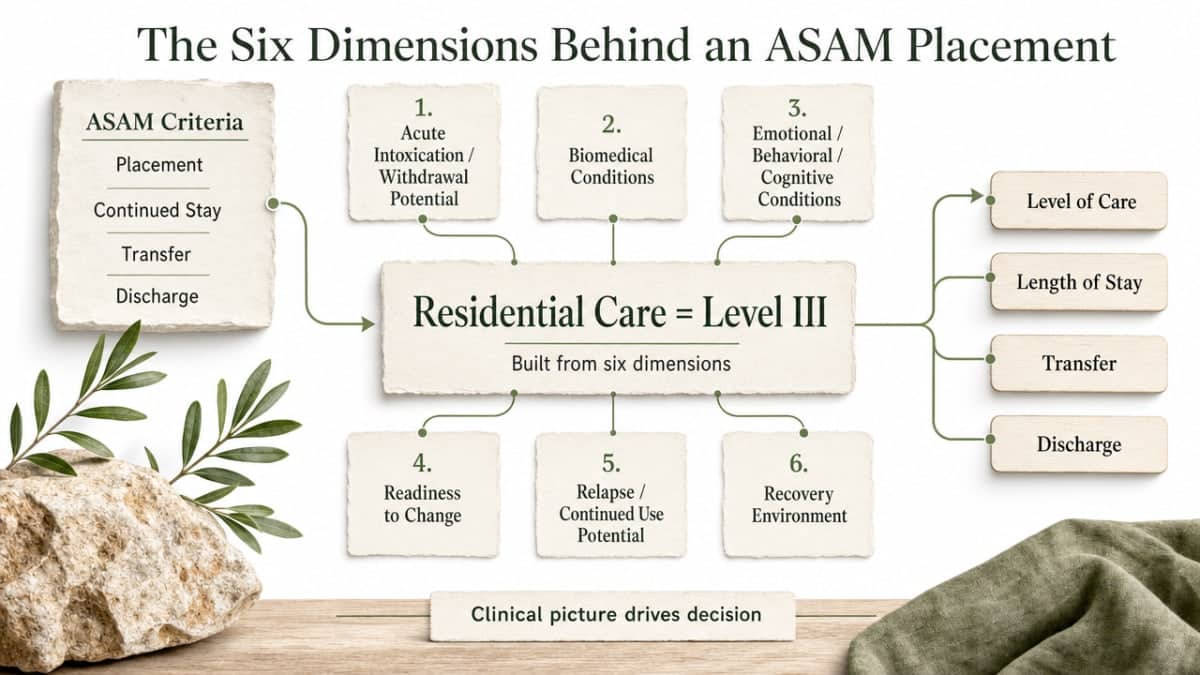Visualize the six ASAM assessment dimensions clinicians use to determine residential Level III placement and length of stay