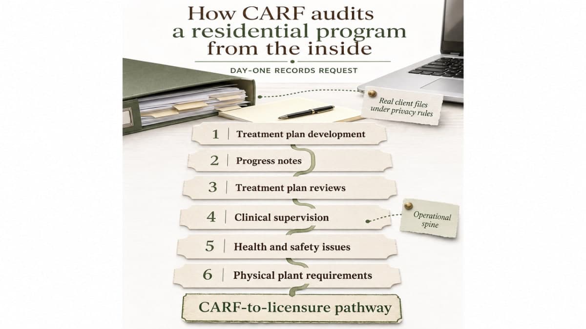 Visualize the six specific clinical and safety areas Arkansas verifies during the CARF-to-licensure pathway, which is the operational spine of this section