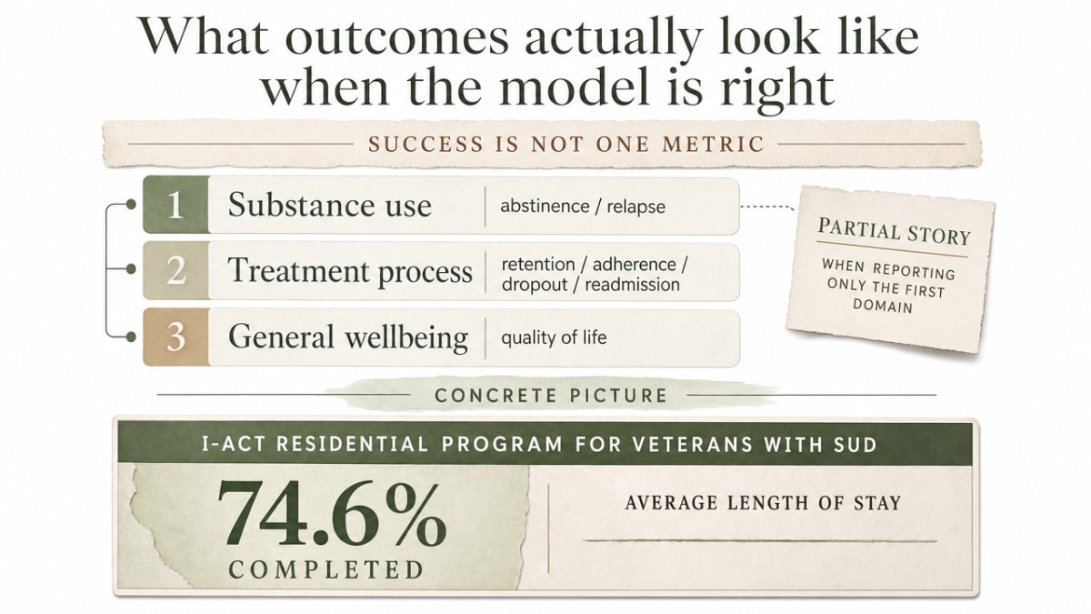 Anchor the article's most concrete outcome data point (I-ACT residential completion rate) which is explicitly cited in the surrounding prose with its length-of-stay pairing