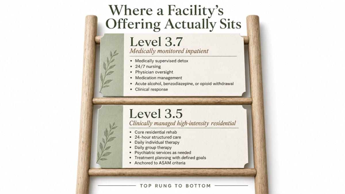 Process infographic mapping the ASAM levels of care ladder described in the section