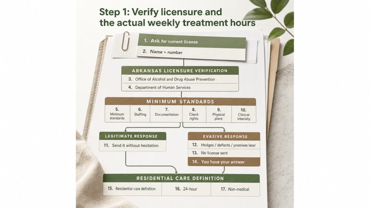 Visualize the verifiable Arkansas licensure and structured-hours checklist that anchors this section