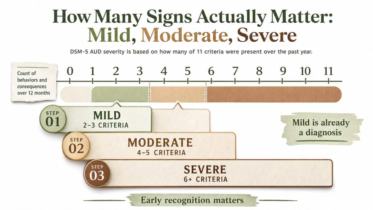 Visualize the DSM-5 severity thresholds cited in the section, showing how symptom counts map to mild, moderate, and severe AUD