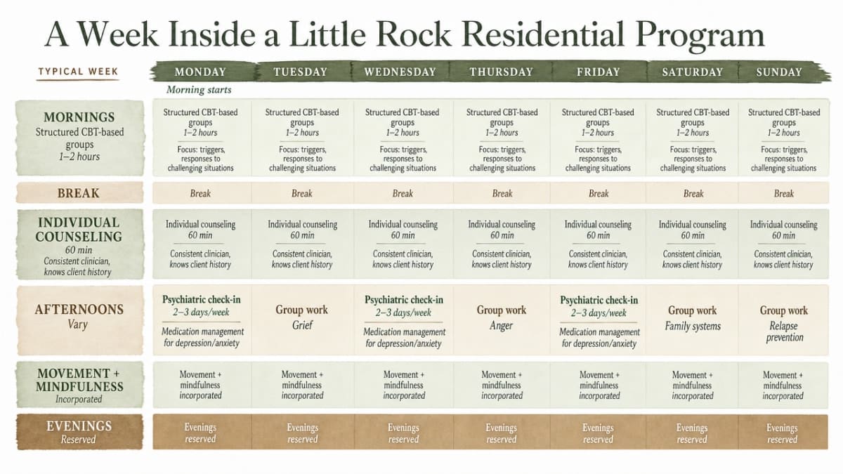 Visualize the section's described daily and weekly structure of behavioral therapy inside a residential program, translating the narrative schedule into a scannable timeline