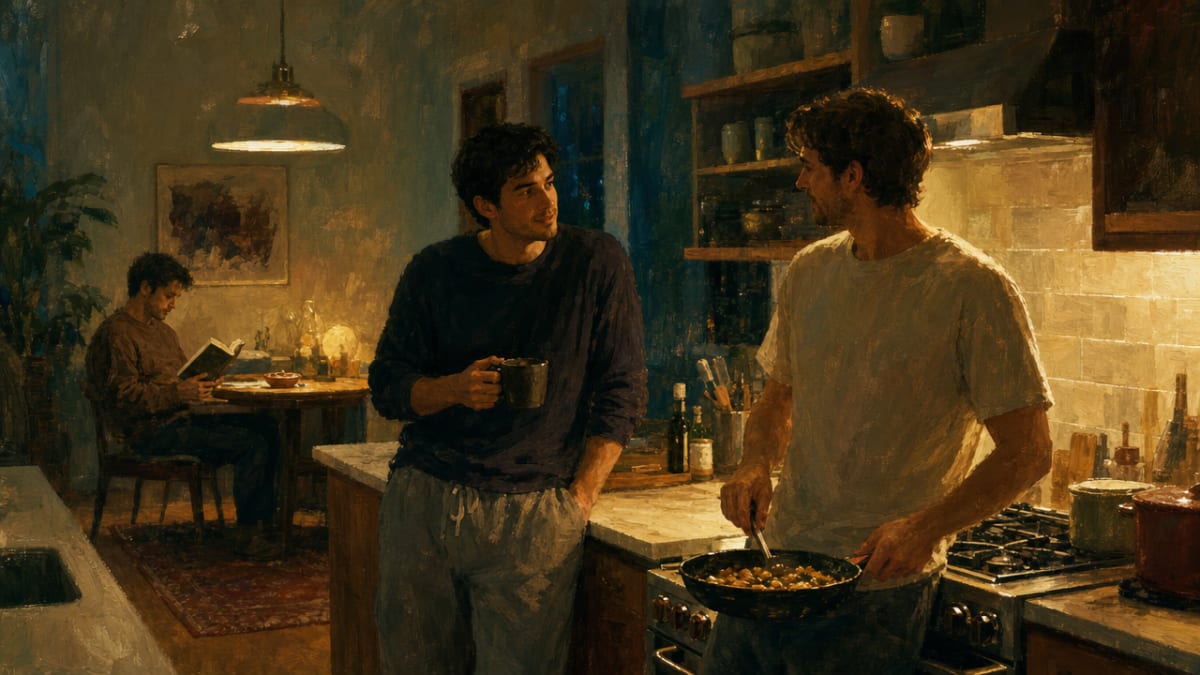 Text-free conceptual scene reinforcing the section's argument that shared housing works through mundane proximity — the kitchen at 10 p.m., shared chores, ordinary rhythms with other men in recovery.