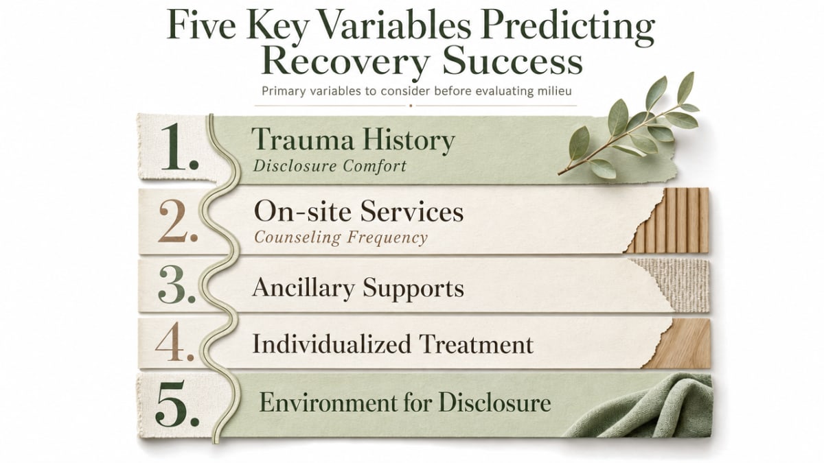 Visualize the five cited variables that predict recovery success for men, directly mirroring the numbered list in this section