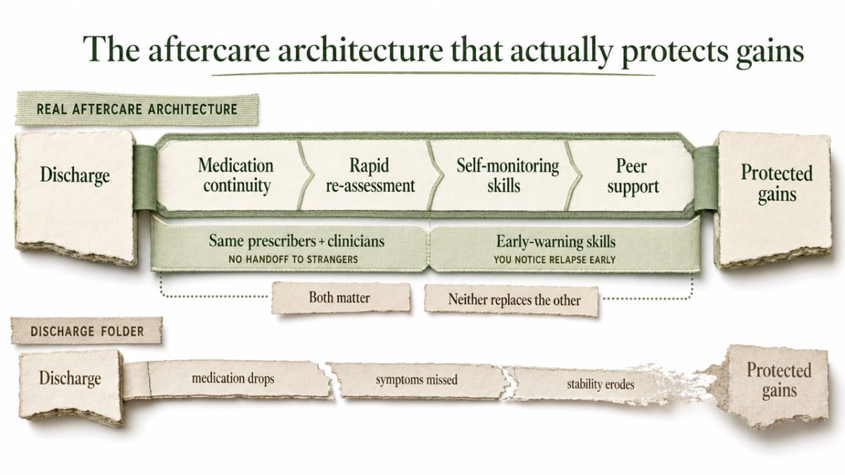 Map the post-discharge continuity pathway described in the section — medication continuity, rapid re-assessment, self-monitoring skills, and peer support — as a horizontal patient journey that visualizes what a real aftercare architecture looks like versus a discharge folder