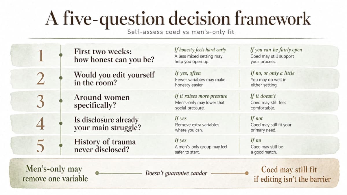 Visualize the five decision questions as a structured framework that helps readers self-assess coed vs men's-only fit, directly supporting the section's content