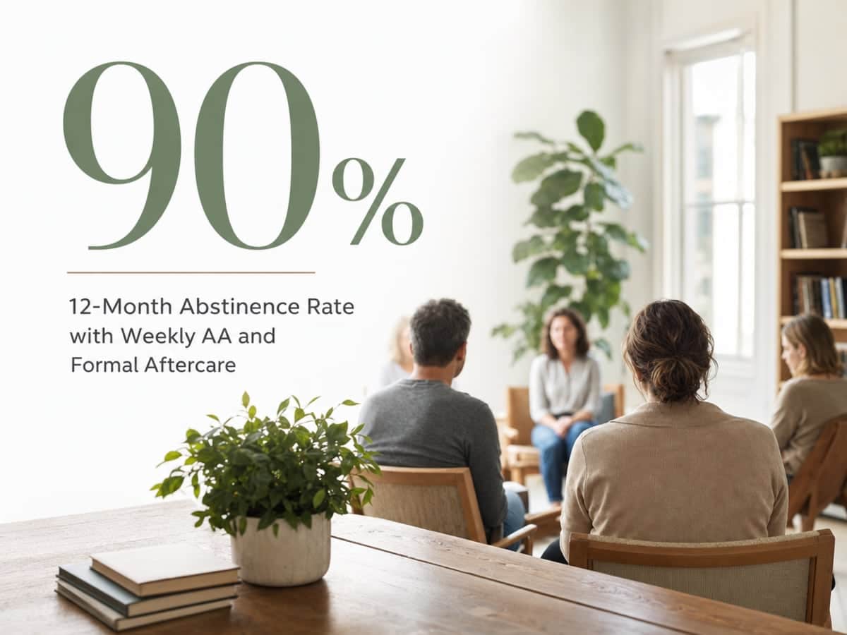 Infographic showing 12-Month Abstinence Rate with Weekly AA and Formal Aftercare