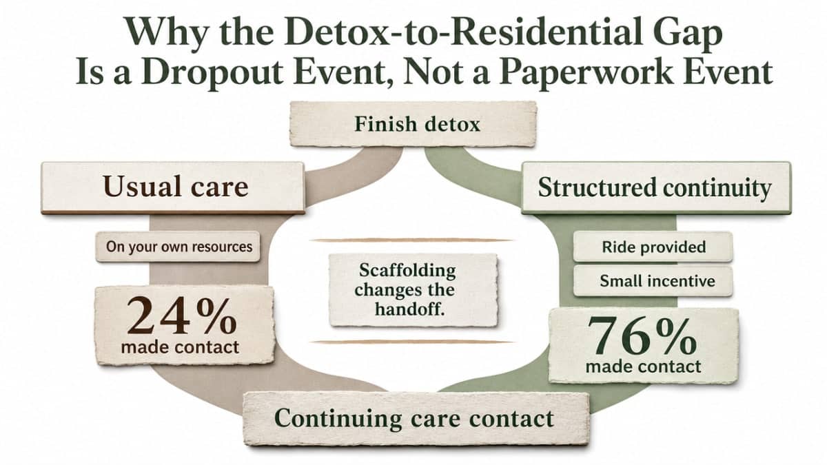 Visualize the dramatic difference in post-detox continuing care contact rates between usual care and structured continuity interventions, directly supporting the 24% vs 76% figures cited in this section