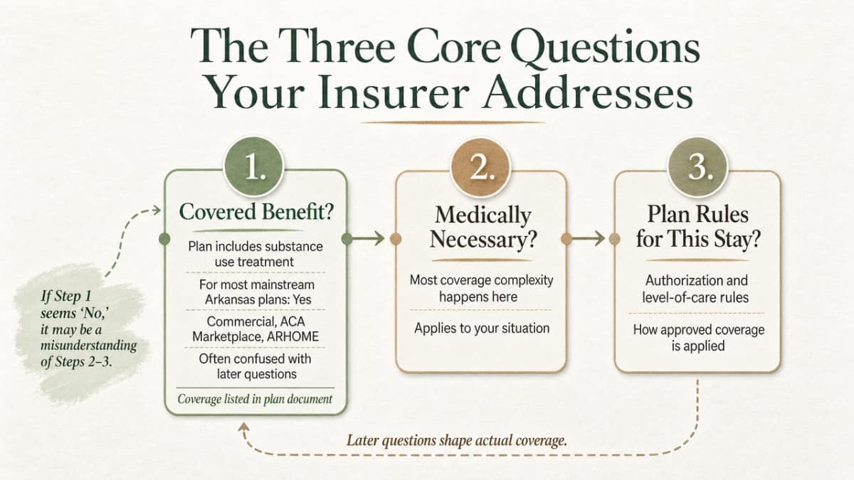 Visualize the three-question decision framework insurers use to determine coverage, matching the section's cited structure