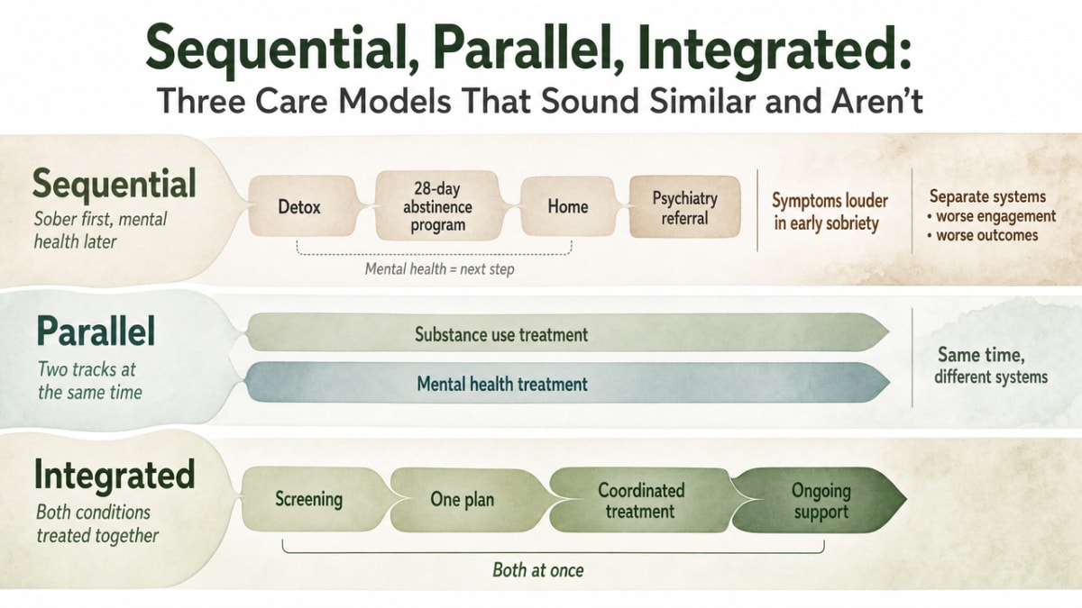 Visualize the three distinct care models compared in this section — sequential, parallel, and integrated — to reinforce the definitional contrast SAMHSA TIP 42 draws