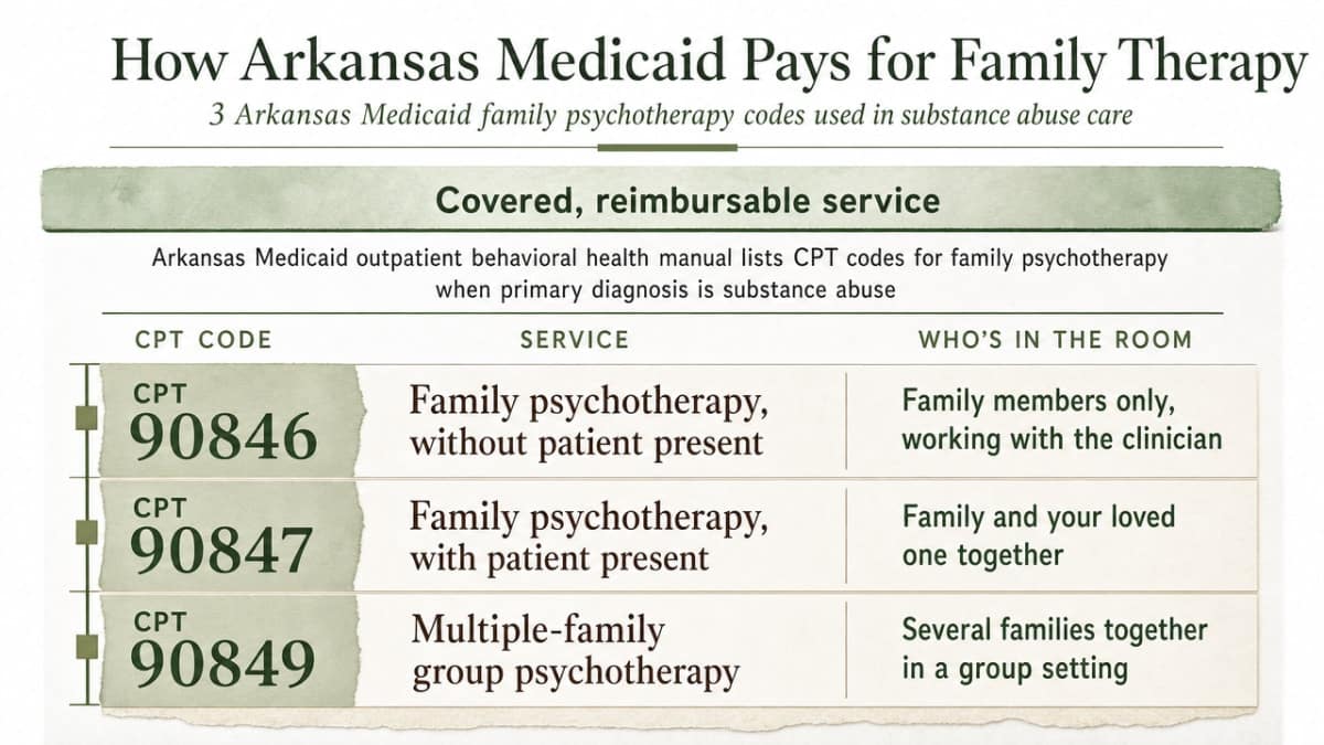 Reinforce the three Arkansas Medicaid CPT codes for family psychotherapy in substance abuse care, mirroring the table already cited in the section
