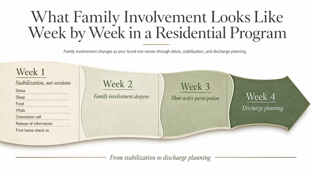 Visualize the four-week family involvement journey described in the section, showing how family participation deepens from stabilization through discharge planning