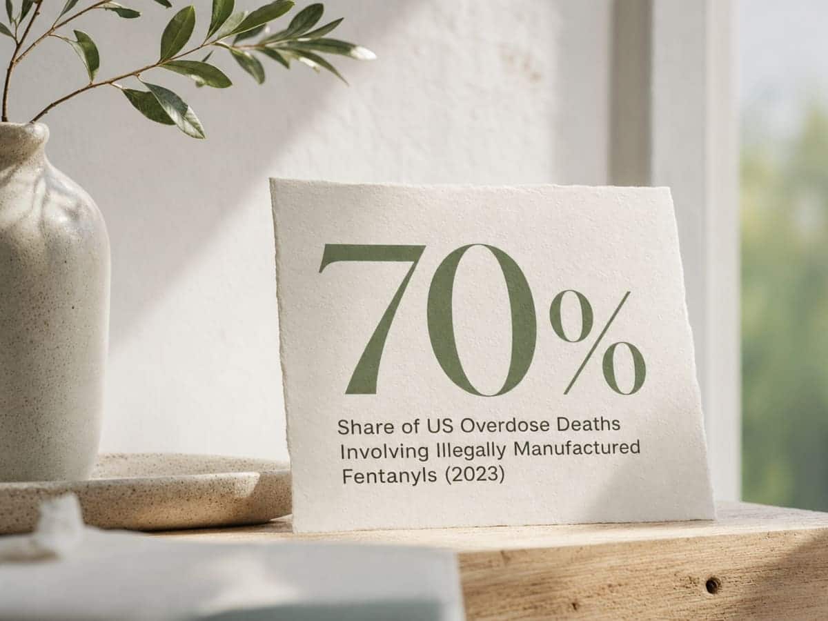 Infographic showing Share of US Overdose Deaths Involving Illegally Manufactured Fentanyls (2023)