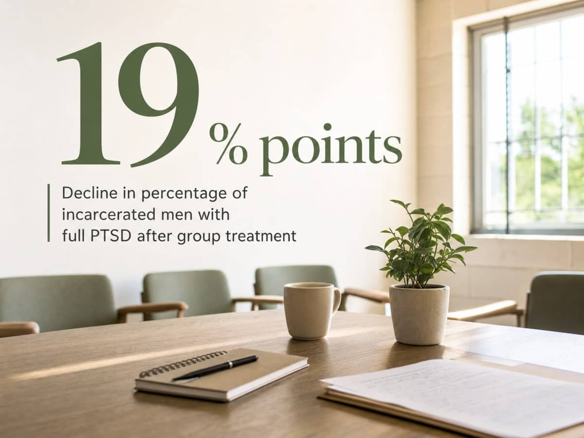 Infographic showing Decline in percentage of incarcerated men with full PTSD after group treatment