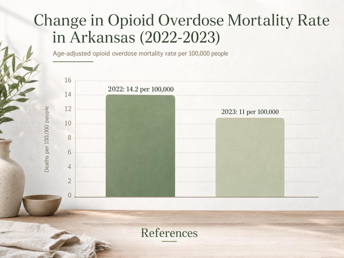 Chart showing Change in Opioid Overdose Mortality Rate in Arkansas (2022-2023)