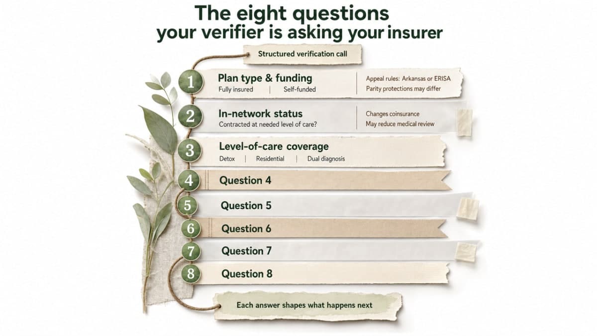 Visualize the eight-question verification framework the section walks through, giving readers a scannable reference for the structured call