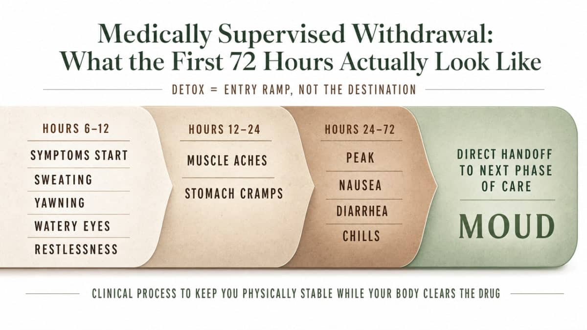 Visualize the cited withdrawal timeline described in this section so readers can see the arc of symptoms and the handoff point to MOUD
