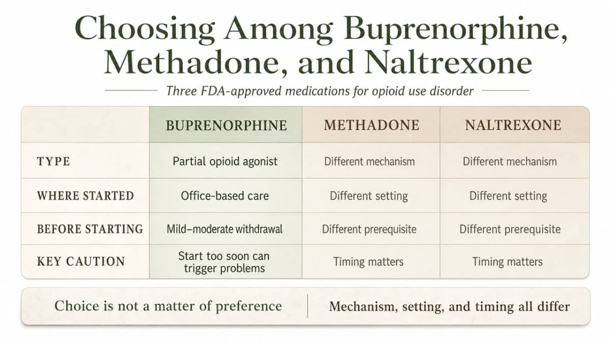 Provide a comparison-table infographic of the three FDA-approved MOUD options discussed in this section, matching the article's cited criteria