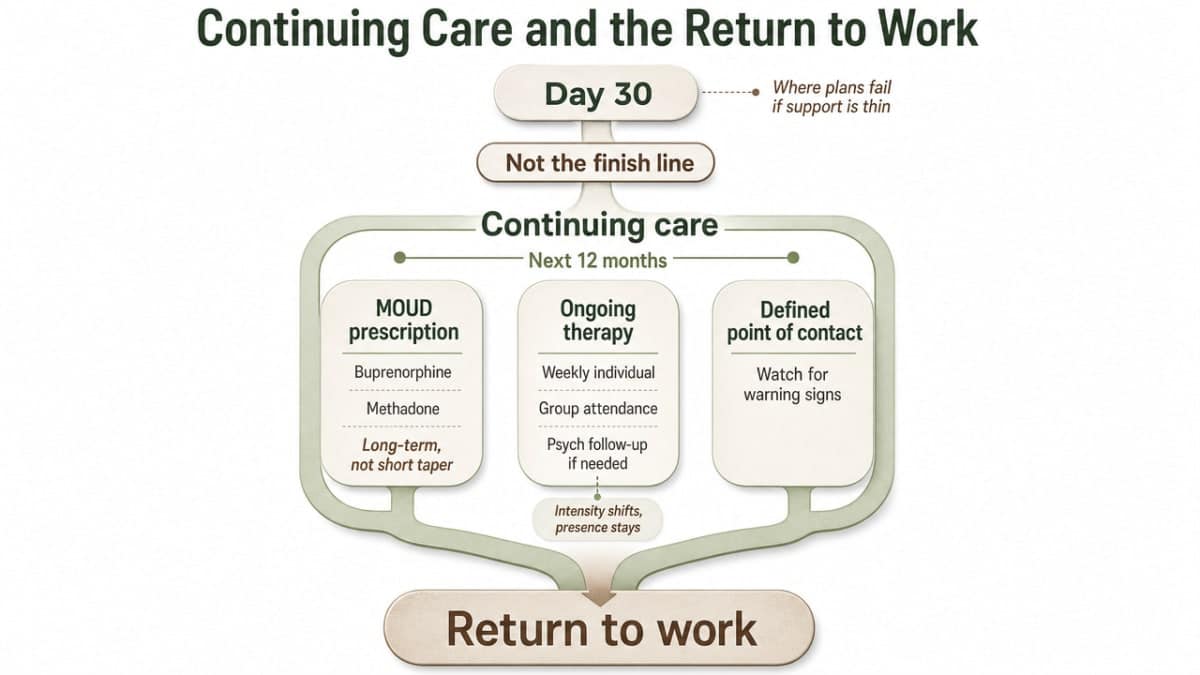 Process infographic showing the full treatment pathway described across the article, reinforcing that continuing care is the final stage rather than a separate topic