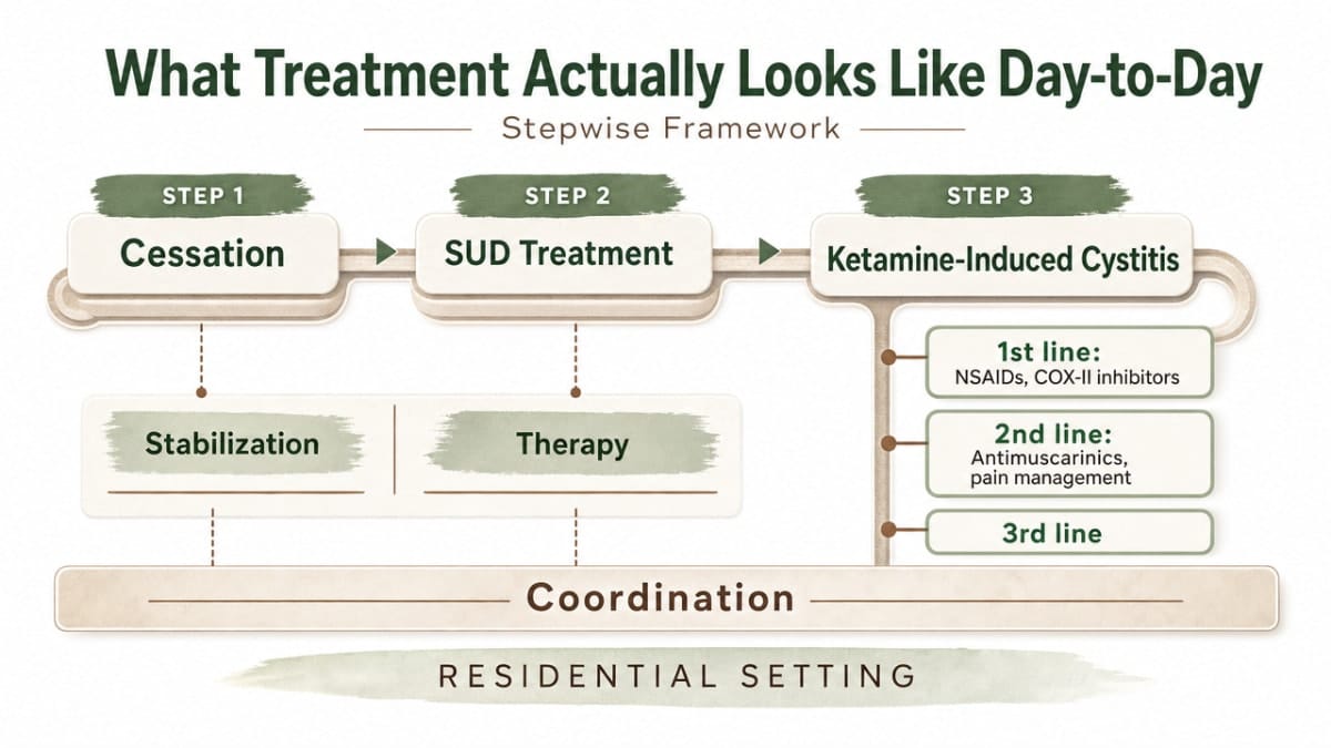 Visualize the stepwise clinical framework for ketamine misuse care cited in the section, showing how cessation, SUD treatment, and the tiered cystitis management lines fit together in a residential setting