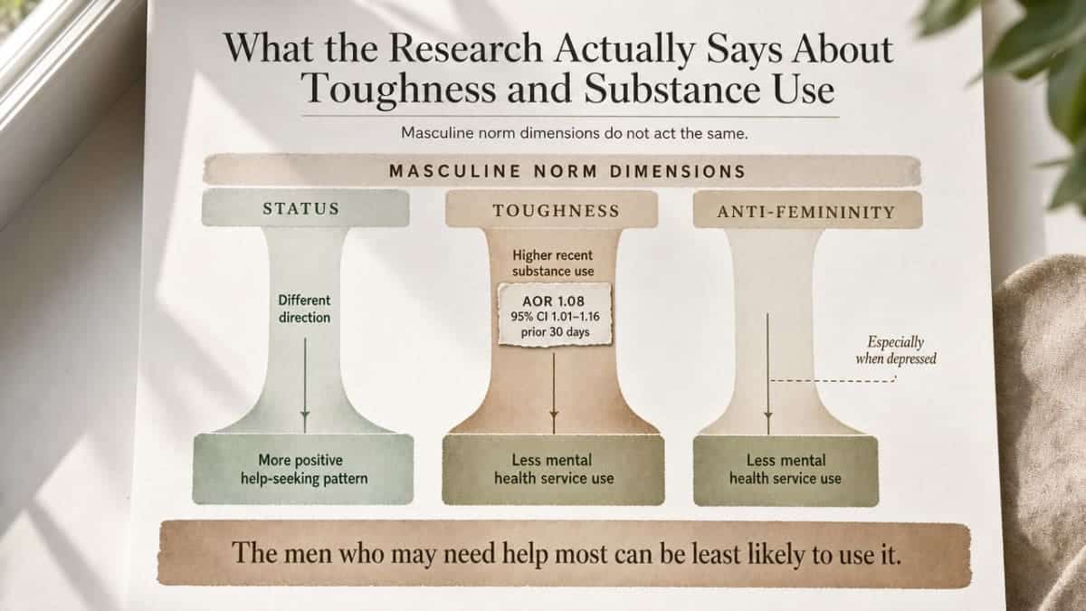 Visualize the contrasting effects of different masculine norm dimensions on substance use and help-seeking, directly supporting the section's cited findings from the 2020 study