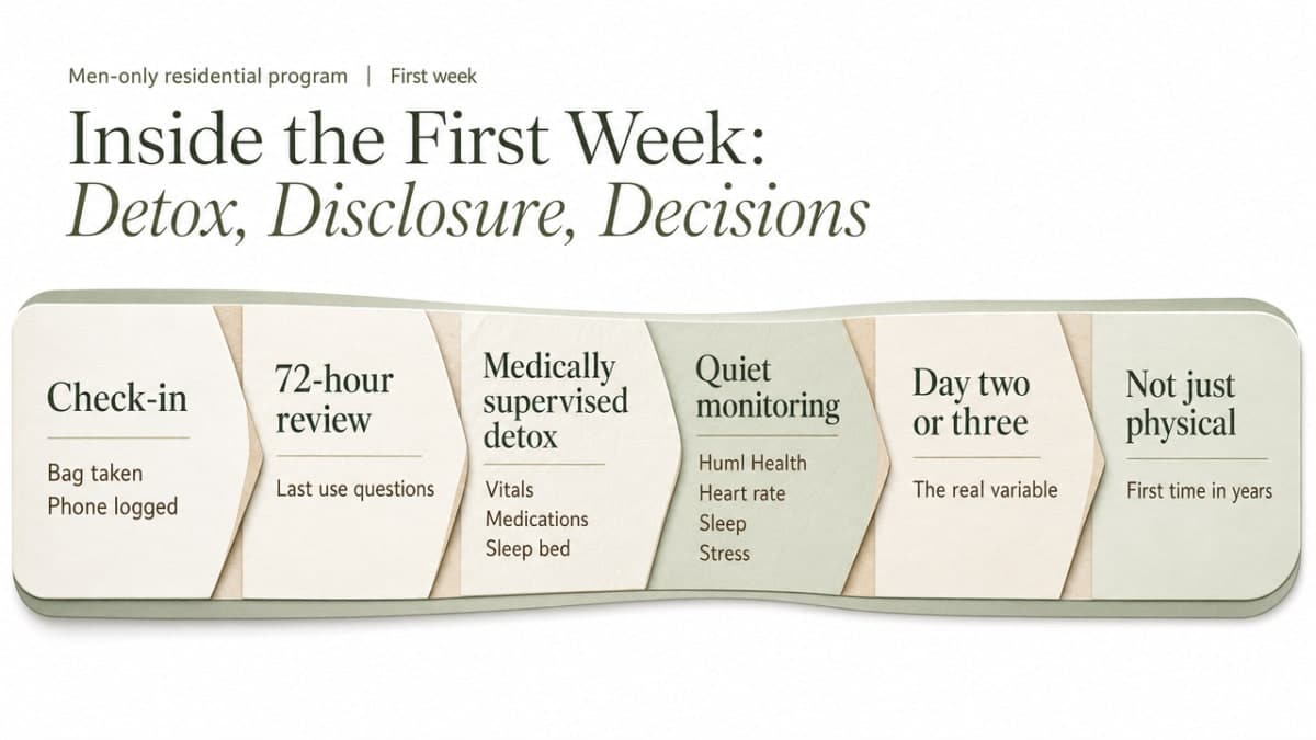 A process infographic mapping the clinical sequence of the first week of men's residential detox and disclosure described in the section, without inventing numeric data