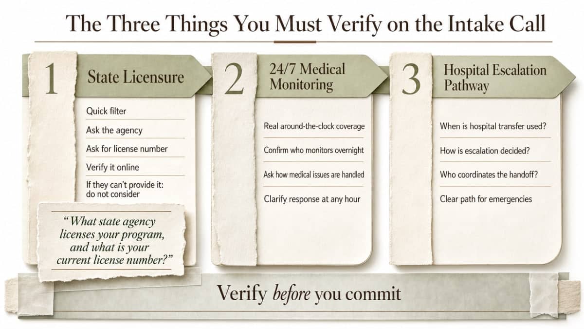 Visualize the three-pillar vetting framework the section explains: state licensure, real 24/7 medical monitoring, and hospital escalation pathway
