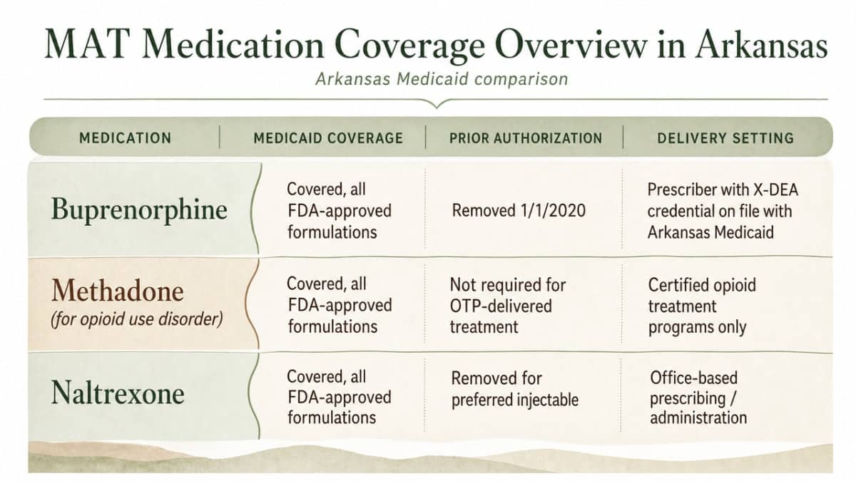 Visualize the comparison of the three FDA-approved MAT medications, their coverage, prior authorization status, and delivery setting under Arkansas Medicaid — directly supporting the section's comparison table