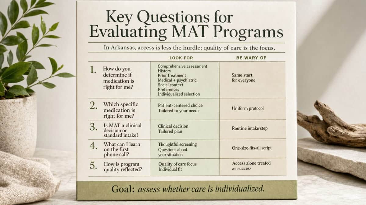 Visualize the five diagnostic questions readers should ask a MAT program, transforming the section's bulleted list into a scannable evaluation framework