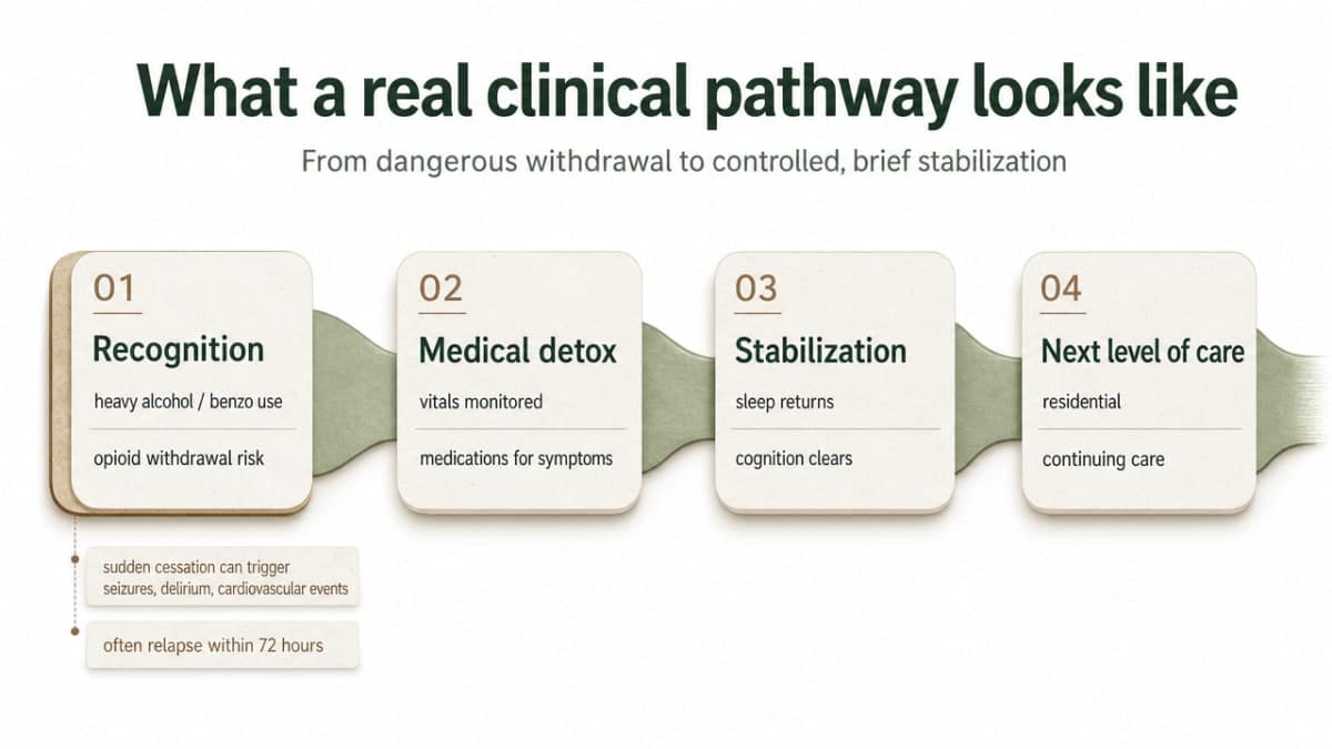 Visualize the four-stage clinical pathway described in this section's subsections (detox, residential, continuing care) as a linear process infographic