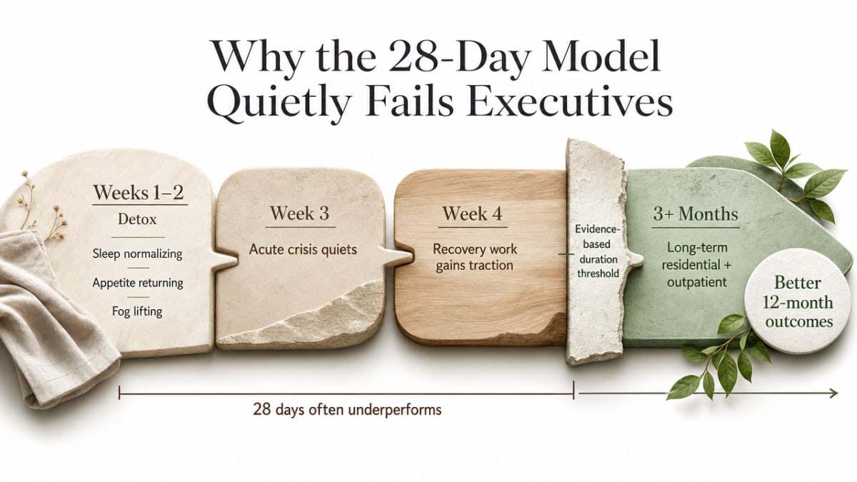 Visualize the four-phase clinical pathway described in this section, showing why 28 days falls short of the evidence-based duration threshold