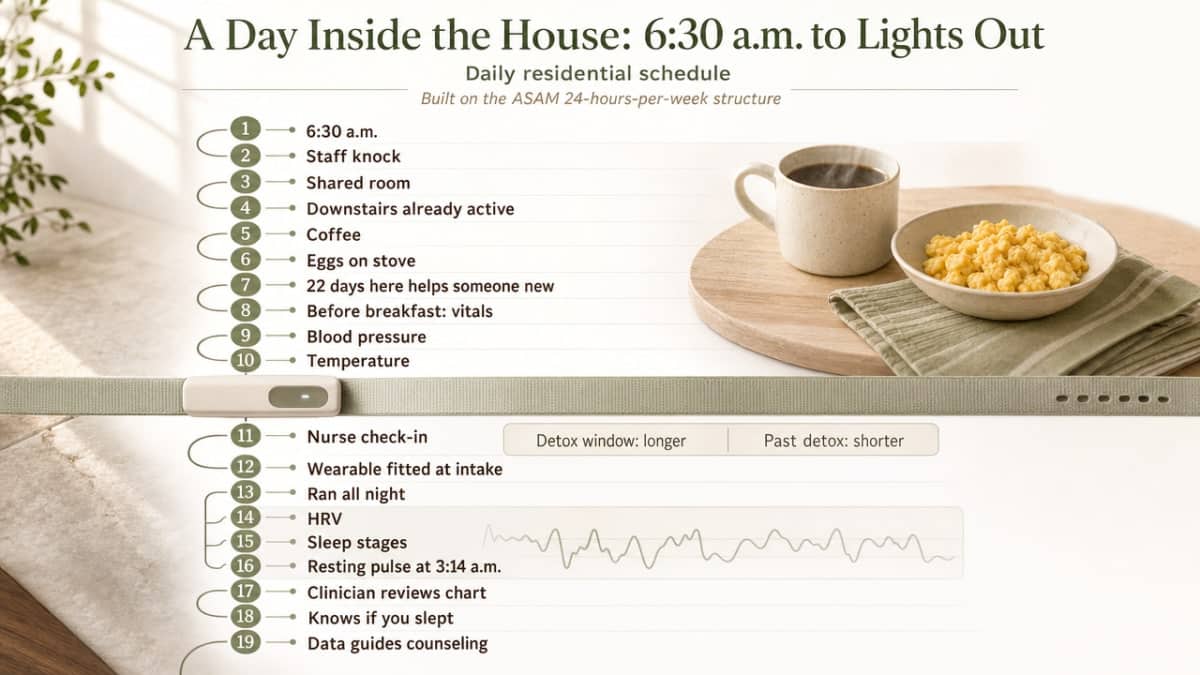 Process infographic mapping the daily residential schedule described in this section's three subsections, reinforcing the ASAM 24-hours-per-week structure