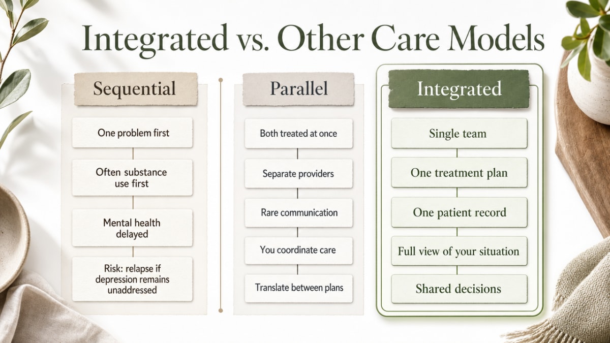 Compare the three care models described in this section (sequential, parallel, integrated) in a side-by-side framework that mirrors the article's own comparison