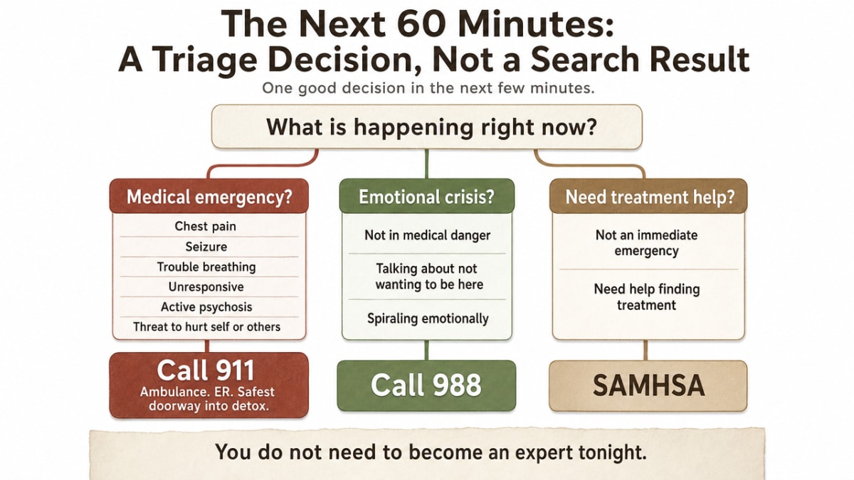Visualize the three-branch triage decision (911 vs 988 vs SAMHSA) from this section so a reader in crisis can scan it in seconds