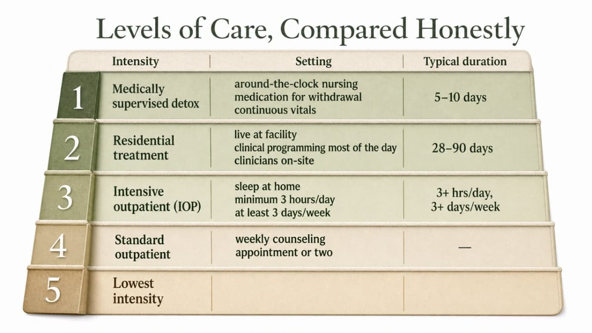 Visualize the five levels of care described in the section as a comparison ladder, helping readers match their situation to the right entry point